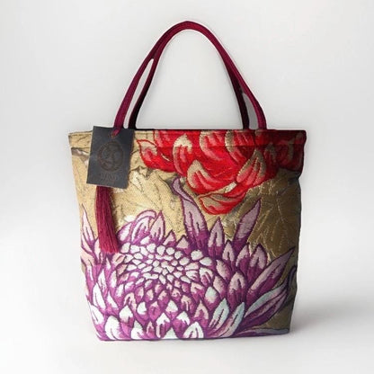 Rangiku 乱菊 Chrysanthemum Vintage Obi Silk Tote in Purple Gold