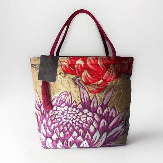 Rangiku 乱菊 Chrysanthemum Vintage Obi Silk Tote in Purple Gold