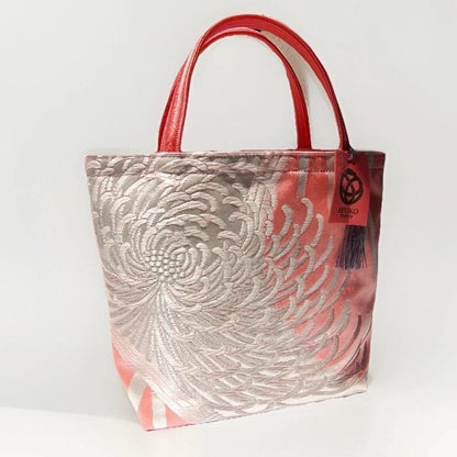 Rangiku 乱菊 Chrysanthemum Vintage Obi Silk Tote in Salmon Pink Silver