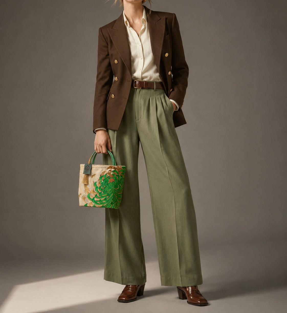 Rangiku 乱菊 Chrysanthemum Vintage Obi Silk Tote in Green Gold