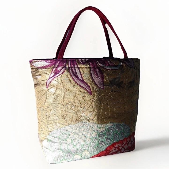 Rangiku 乱菊 Chrysanthemum Vintage Obi Silk Tote in Purple Gold
