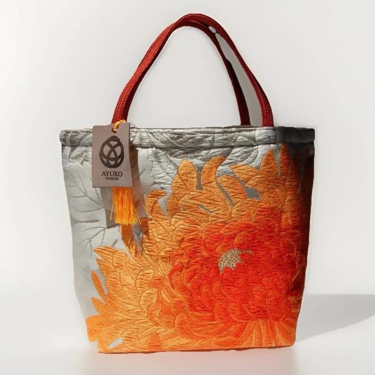 Rangiku 乱菊 Chrysanthemum Vintage Obi Silk Tote in Orange Silver