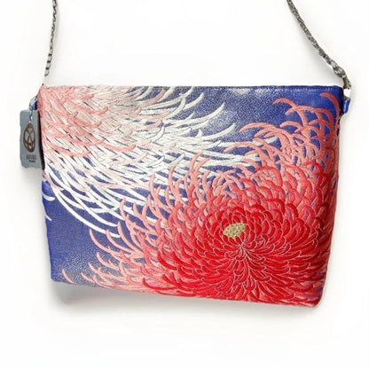 Vintage Fukuro Obi Shoulder Bag — Red & Pink Ran-Giku Chrysanthemum on Blue Silk