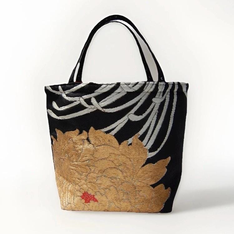 Vintage Fukuro Obi Mini Tote Bag — White & Gold Peony on Black Silk