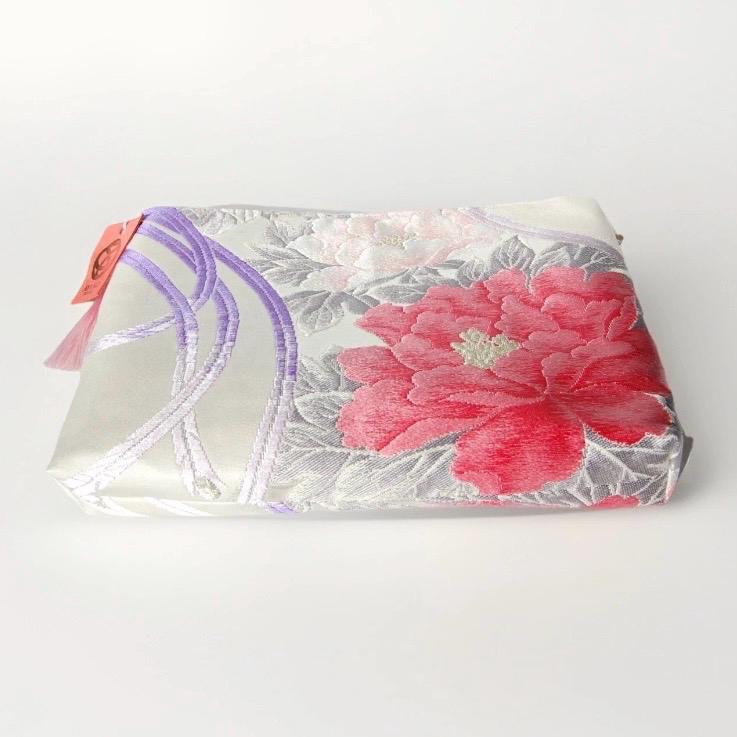 Vintage Fukuro Obi Shoulder Bag — Peony & Purple Flowing Line Silk