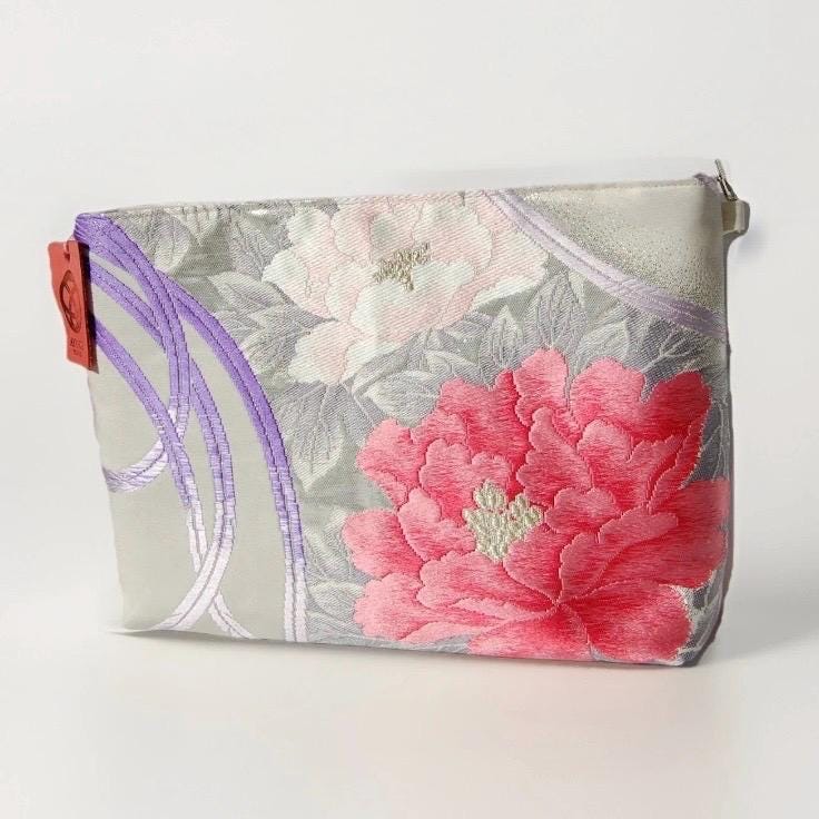 Vintage Fukuro Obi Shoulder Bag — Peony & Purple Flowing Line Silk