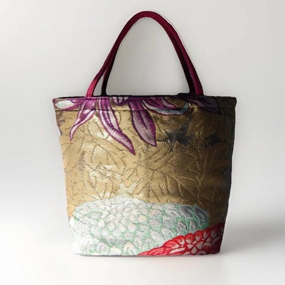 Rangiku 乱菊 Chrysanthemum Vintage Obi Silk Tote in Purple Gold