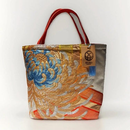 Two-Sided Rangiku 乱菊 Vintage Obi Silk Tote in Purple White Silver