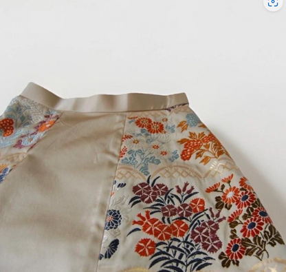 Vintage Obi Silk Mini Skirt in Beige with Floral Motifs