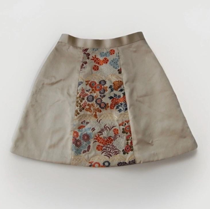 Vintage Obi Silk Mini Skirt in Beige with Floral Motifs