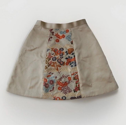 Vintage Obi Silk Mini Skirt in Beige with Floral Motifs