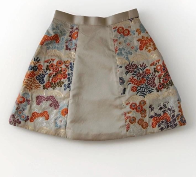 Vintage Obi Silk Mini Skirt in Beige with Floral Motifs