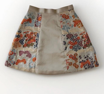 Vintage Obi Silk Mini Skirt in Beige with Floral Motifs