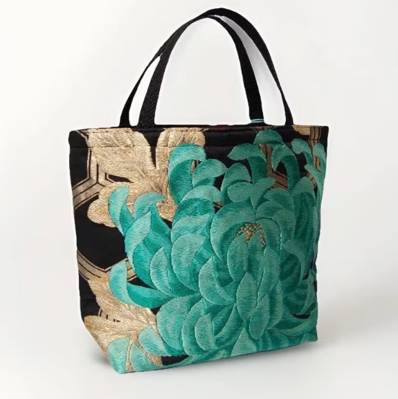 Rangiku 乱菊 Chrysanthemum Vintage Obi Silk Tote in Emerald Black