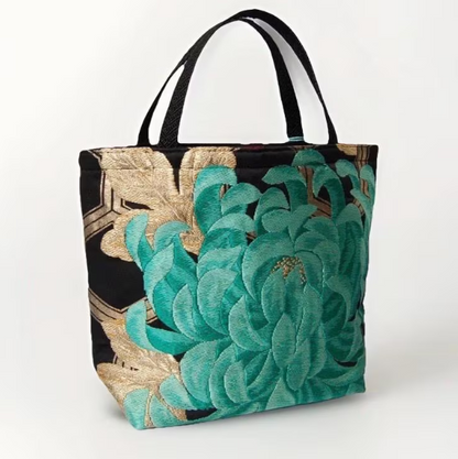 Rangiku 乱菊 Chrysanthemum Vintage Obi Silk Tote in Emerald Black