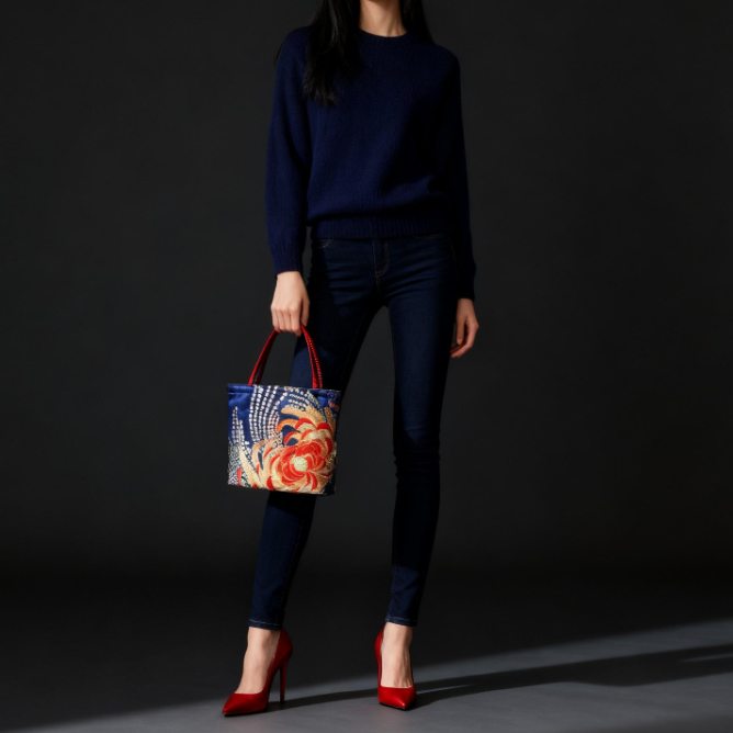 Rangiku 乱菊 Chrysanthemum Vintage Obi Silk Tote in Navy Red