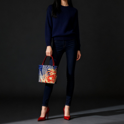 Rangiku 乱菊 Chrysanthemum Vintage Obi Silk Tote in Navy Red