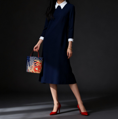 Rangiku 乱菊 Chrysanthemum Vintage Obi Silk Tote in Navy Red