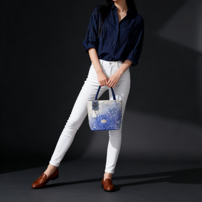 Rangiku 乱菊 Chrysanthemum Vintage Obi Silk Tote in Blue Silver