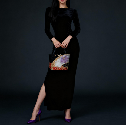 Ōgi Fan & Rangiku 乱菊 Vintage Obi Silk Tote in Black Lilac