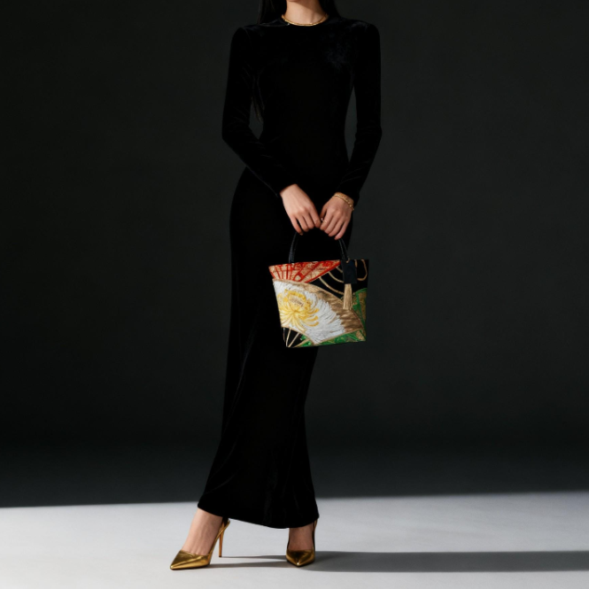 Ōgi Fan & Yellow Rangiku 乱菊 Vintage Obi Silk Tote in Green Gold