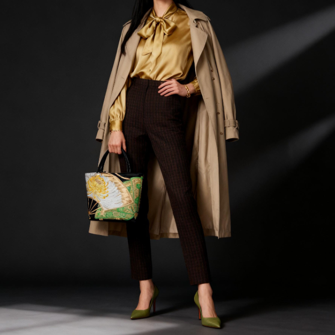 Ōgi Fan & Yellow Rangiku 乱菊 Vintage Obi Silk Tote in Green Gold