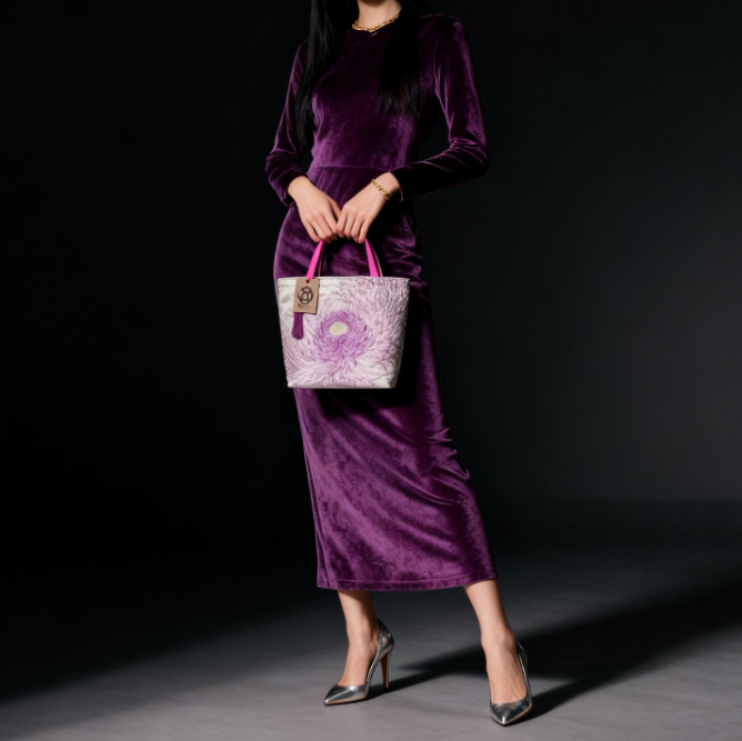 Rangiku 乱菊 Chrysanthemum Vintage Obi Silk Tote in Lavender Silver