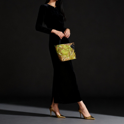 Rangiku 乱菊 Chrysanthemum Vintage Obi Silk Tote in Green Gold