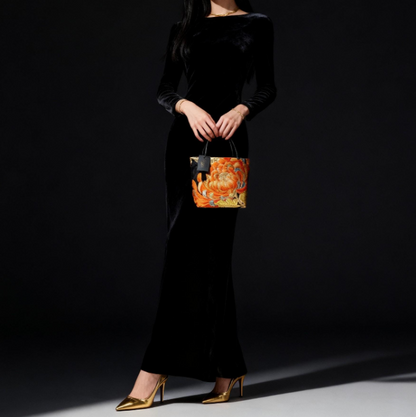 Rangiku 乱菊 Chrysanthemum Vintage Obi Silk Tote in Orange Black