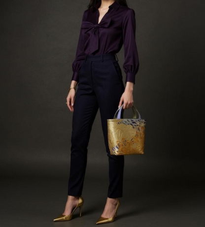 Kumodori & Rangiku 乱菊 Vintage Obi Silk Tote in Purple Gold
