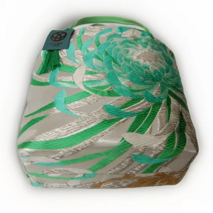 Rangiku 乱菊 Chrysanthemum Vintage Obi Silk Tote in Mint Silver