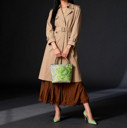 Rangiku 乱菊 Chrysanthemum Vintage Obi Silk Tote in Green Silver