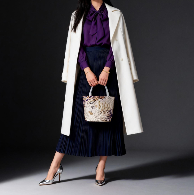Kumodori & Rangiku 乱菊 Vintage Obi Silk Tote in Purple Silver Gold