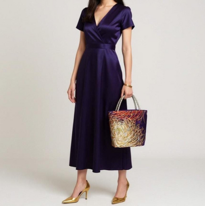 Rangiku 乱菊 Chrysanthemum Vintage Obi Silk Tote in Purple Gold Silver