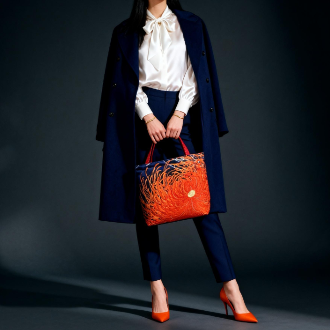 Rangiku 乱菊 Chrysanthemum Vintage Obi Silk Tote in Indigo Orange