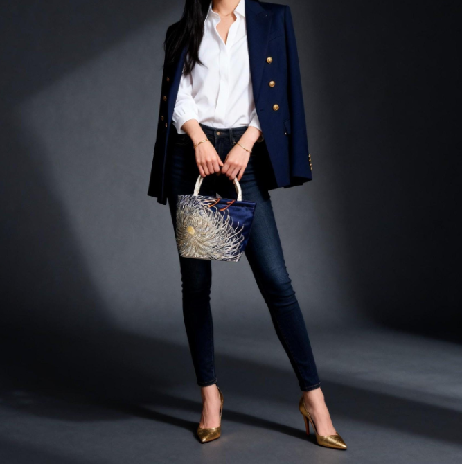 Rangiku 乱菊 Chrysanthemum Vintage Obi Silk Tote in Navy Silver
