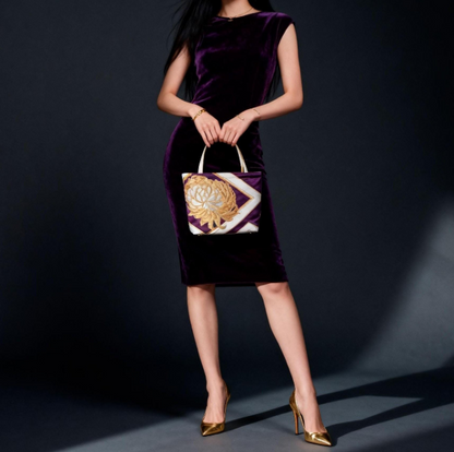 Kikkō & Rangiku 乱菊 Vintage Obi Silk Tote in Purple Gold Silver