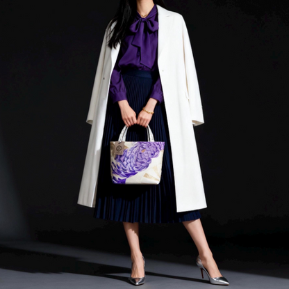 Two-Sided Rangiku 乱菊 Vintage Obi Silk Tote in Purple White Silver