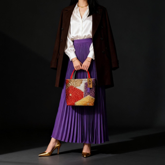 Kiku-zukushi 菊尽くし Vintage Obi Silk Tote in White Multi
