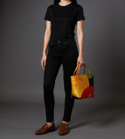 Kiku-zukushi 菊尽くし Vintage Obi Silk Tote in Black Multi