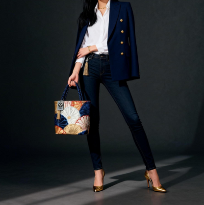 Kiku-zukushi 菊尽くし Vintage Obi Silk Tote in Navy Silver Gold