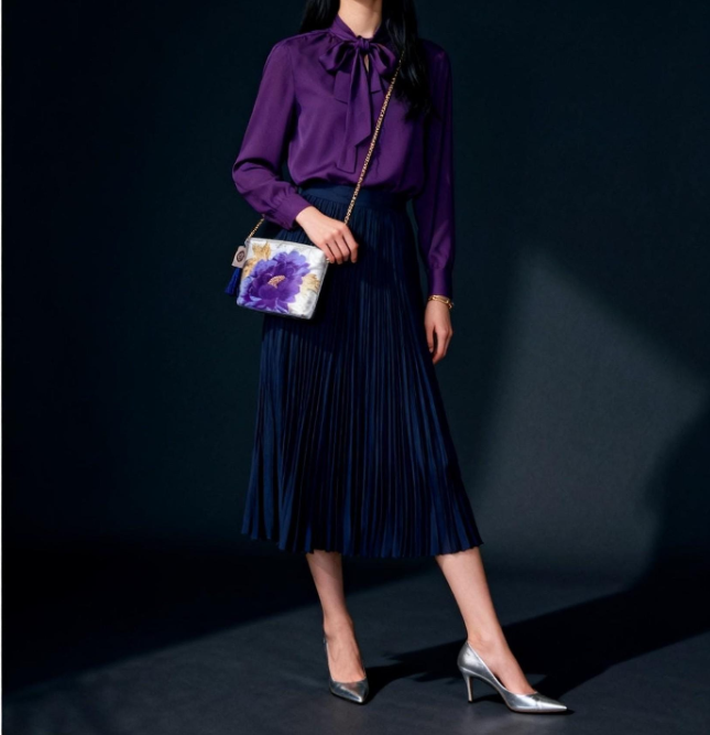 Vintage Fukuro Obi Shoulder Bag — Purple Peony on Silver Silk