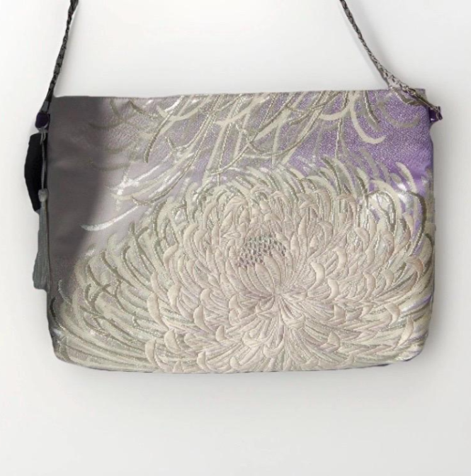 Vintage Fukuro Obi Shoulder Bag — Silver & Lavender Ran-Giku Silk