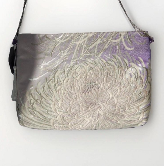 Vintage Fukuro Obi Shoulder Bag — Silver & Lavender Ran-Giku Silk