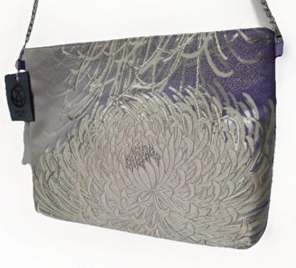 Vintage Fukuro Obi Shoulder Bag — Silver & Lavender Ran-Giku Silk