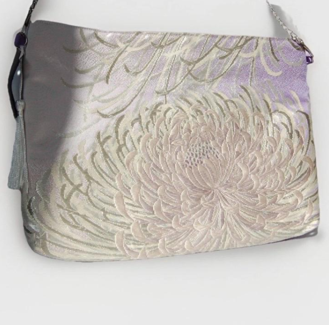 Vintage Fukuro Obi Shoulder Bag — Silver & Lavender Ran-Giku Silk