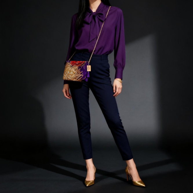 Vintage Fukuro Obi Shoulder Bag — Purple & Gold Silver Ran-Giku Silk