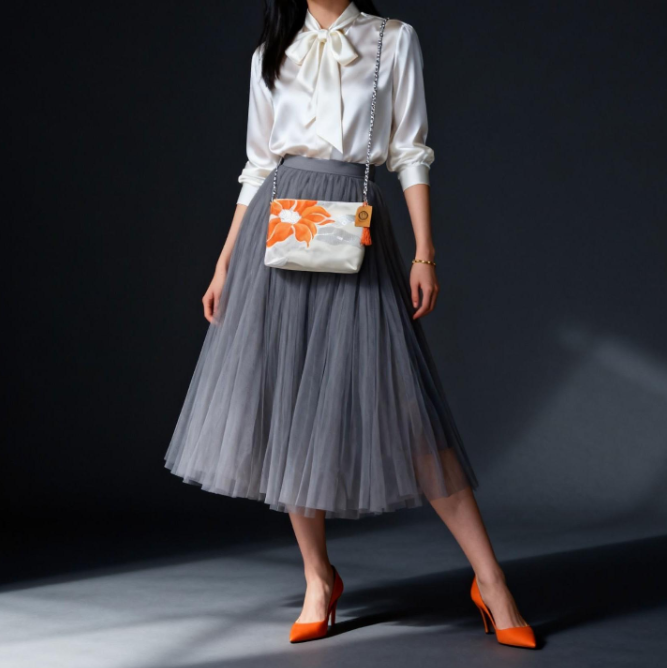 Vintage Fukuro Obi Shoulder Bag — Orange Floral Motif on Silver Silk