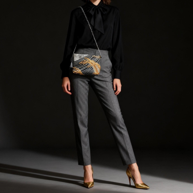 Vintage Nishijin-Ori Fukuro Obi Shoulder Bag — Gold Tate-Nami Wave Silk