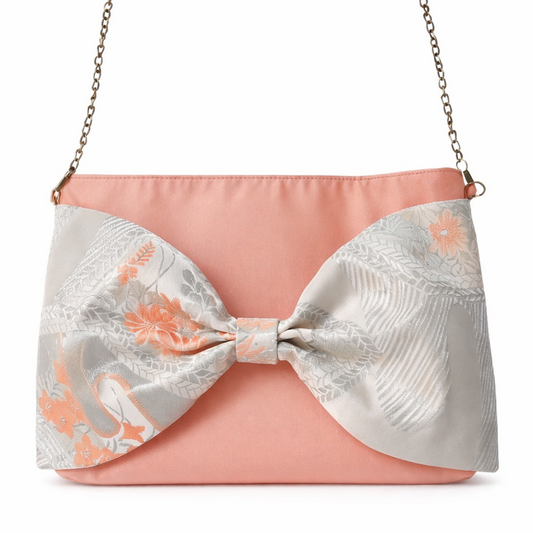 Vintage Fukuro Obi 2-Way Bow Bag — Peach Pink & Silver Silk